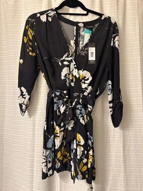 Yumi Kim Black Floral Mini Wrap Dress with Belt